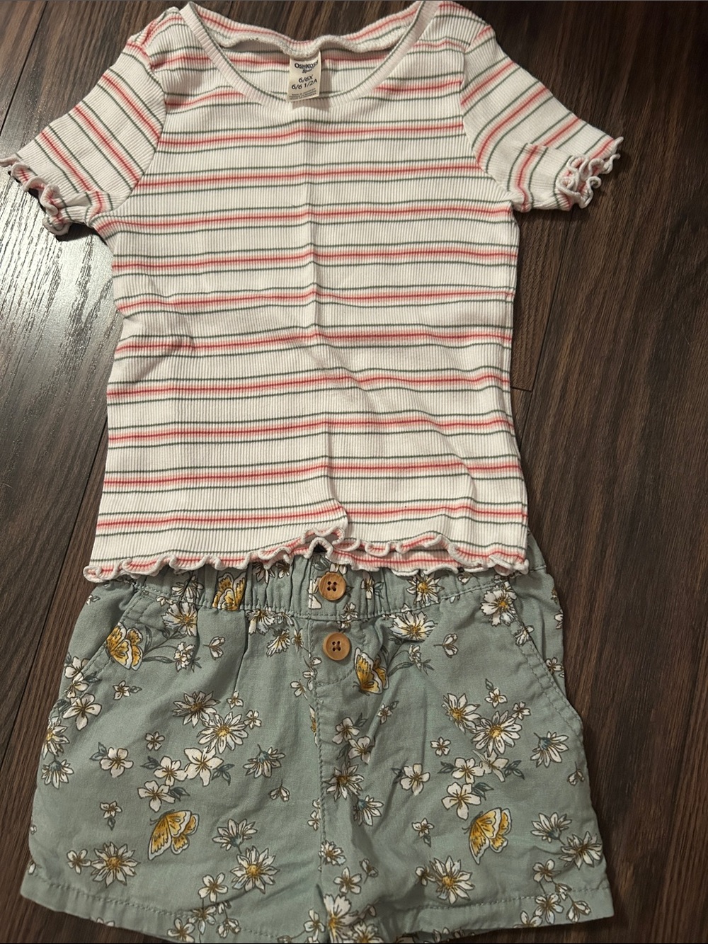 Girls Pink & Olive Stripe Ribbed Tee & Floral Shorts Set